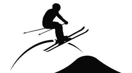 Fototapeta premium Dynamic black silhouette of skier jumping downhill on snowy slope with athletic action pose isolated on white background