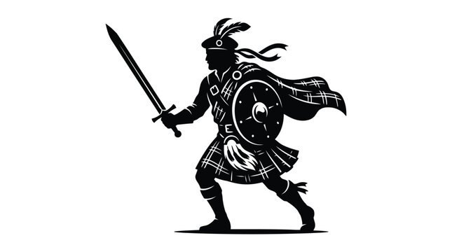 Historical warrior silhouette in dynamic action pose with sword and shield isolated on white background