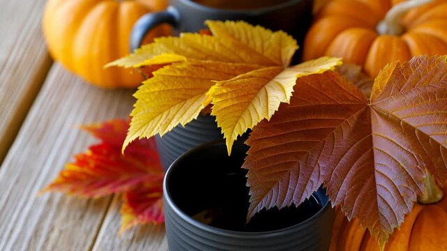 Autumn Flat Lay With Leaves and Pumpkins on Wooden Table