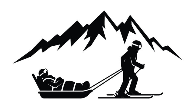 Black and white winter sports silhouette illustration of skier towing sled on snowy mountain isolated on white background
