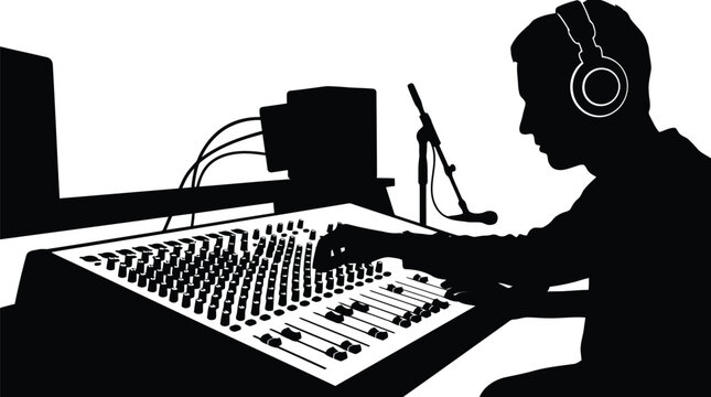 Professional audio engineer silhouette working at mixing console with headphones isolated on white background