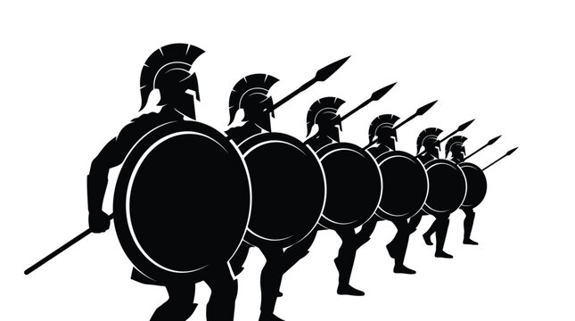 Ancient black silhouette illustration of phalanx formation hoplite soldiers with shields and spears isolated on white background