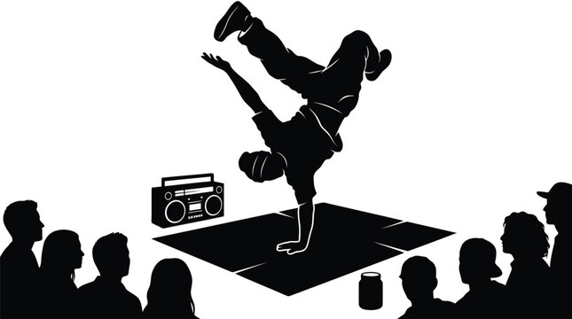 Dynamic breakdancing silhouette with boombox urban street art action pose isolated on white background