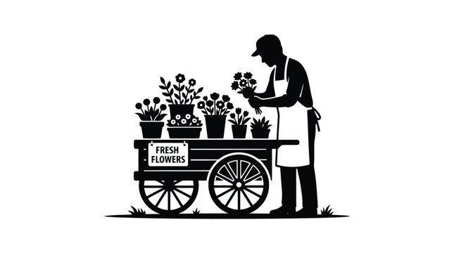 Florist vendor silhouette with fresh flowers cart illustration isolated on white background