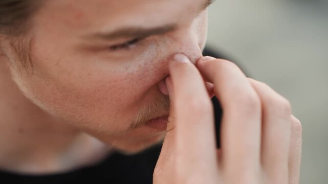 Male facing discomfort with nose pinched. Person outdoors demonstrating sinus pain and tight expression. Young man outdoors during golden hour showing discomfort and pressing nose for relief