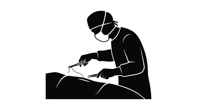 Medical professional silhouette performing dental treatment procedure with patient in black white style isolated on white background