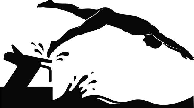 Dynamic black silhouette of diver performing high jump into swimming pool with splash water action isolated on white background