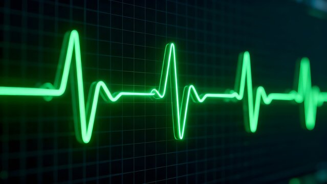 Glowing green heart rate monitor line displaying an electrocardiogram pulse on a dark grid background.