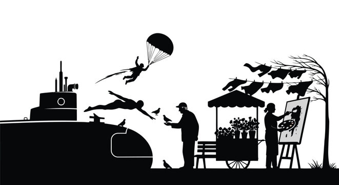 Dynamic circus and adventure silhouette illustration with acrobats, parachute, vendor stall and vintage car isolated on white background