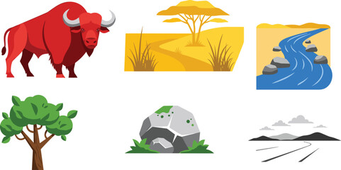 Savannah Landscape and Wildlife Icon Set Featuring Bison, Trees, Rocks, River, and African Savanna for Nature, Safari, and Outdoor Exploration © MdMojnu