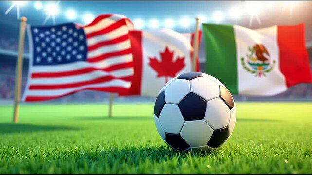 Soccer ball positioned on green grass field with flags of the United States, Canada, and Mexico waving in the background during a sporting event