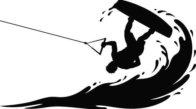 Dynamic wakeboarder silhouette vector graphics with action sports motion isolated on white background