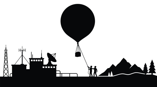 Scientific research station with hot air balloon launch and mountainous landscape black silhouette vector isolated on white background