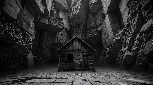 Mysterious wooden cabin deep inside cavern passage