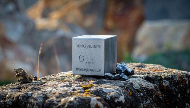 A dull grey block of pure molybdenum metal sits on rough weathered stone outdoors