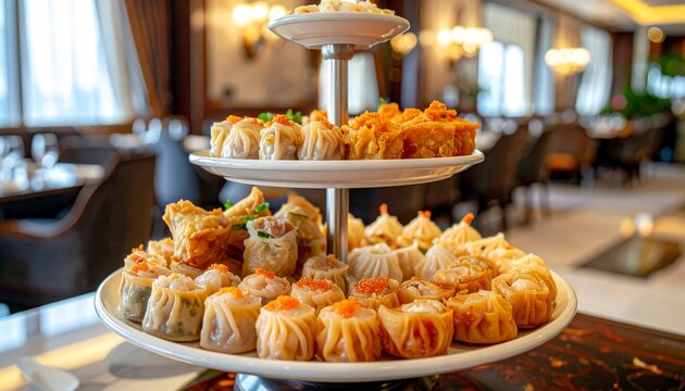 Abundant Assortment of Seafood Dim Sum Presented on a Tiered Stand