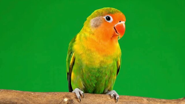 Vibrant lovebird with striking green and orange plumage perched on a branch against a solid green background ideal for pet nature or exotic animal designs
