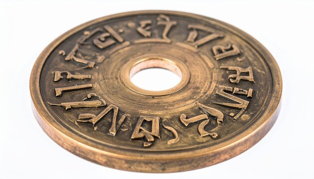Close up of an ancient Sanskrit script engraved on a polished copper coin, showcasing intricate details and historical significance