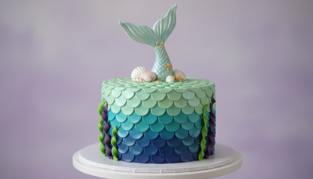 Mermaid birthday cake with teal ombre fish scales, whimsical ocean themed party dessert, fondant mermaid tail cake topper on purple background