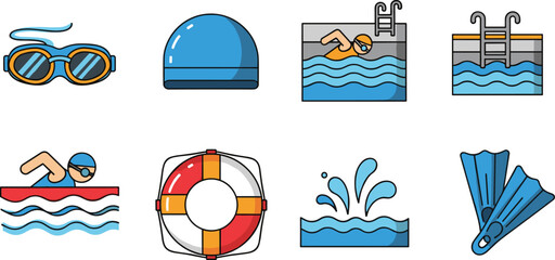 Swimming and Pool Icon Set Featuring Goggles, Swim Cap, Life Buoy, Swimming Pool, and Flippers for Water Sports, Swimming Lessons, and Poolside Fun © MdMojnu