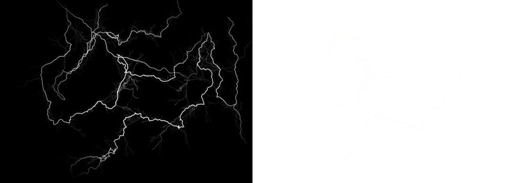 White lightning bolts on dark background with multiple electrical discharges  stormy weather transparent background
