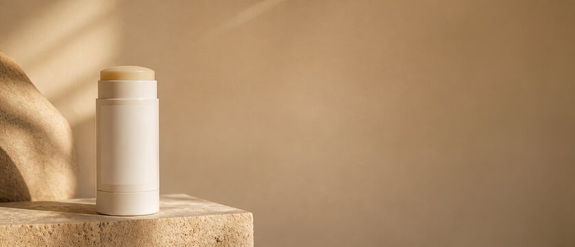 New deodorant stick placed on a stone surface with soft lighting in a simple setting