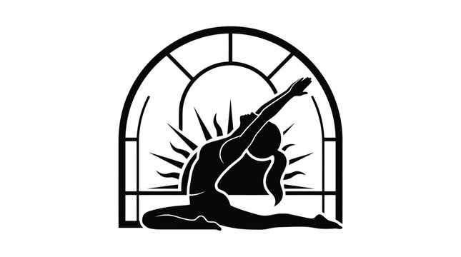Dynamic yoga pose silhouette illustration with arched window and radiant sunburst design isolated on white background