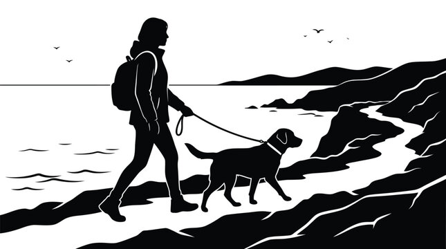 Black and white silhouette illustration of hiker walking dog along rocky coastal path isolated on white background