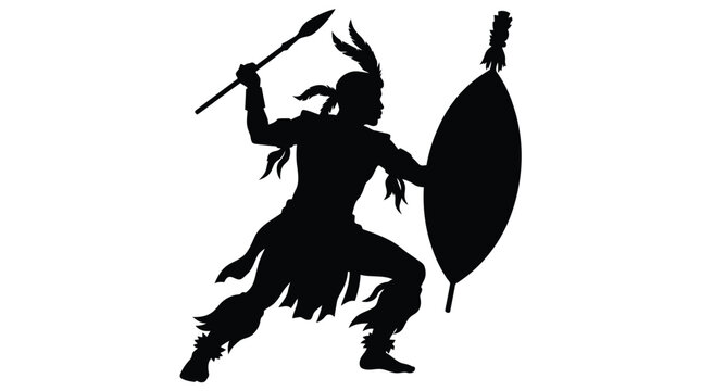 Dynamic warrior silhouette in action pose holding spear and shield black and white figure isolated on white background