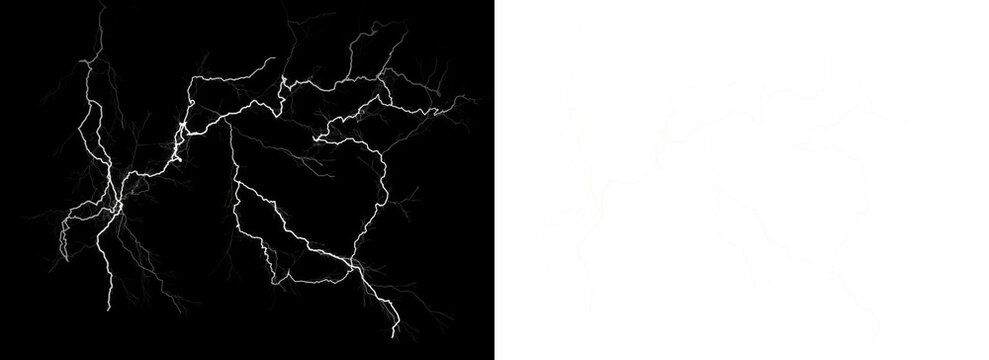 Lightning bolts on a dark background with white electric discharges transparent background
