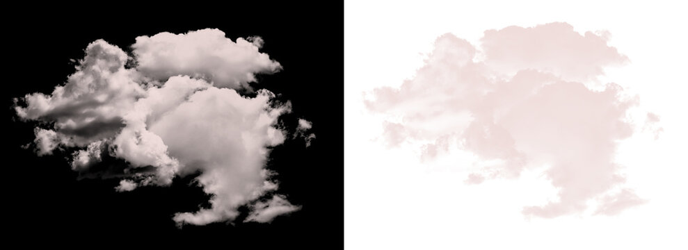 Large fluffy white cloud formations in sky on transparent and solid white backgrounds transparent background