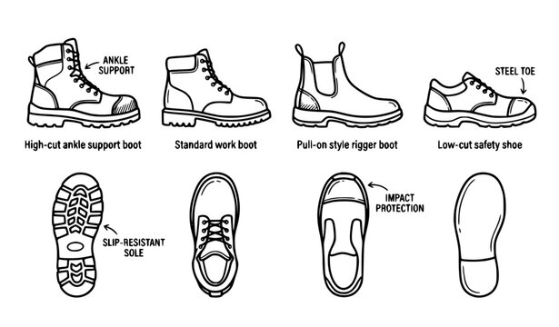 Safety boots outline doodle icon set PPE industrial footwear vector illustration side and top view sketch