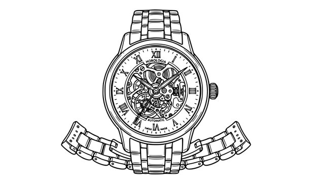 Men&rsquo;s mechanical wrist watch outline doodle vector illustration luxury timepiece isolated white background