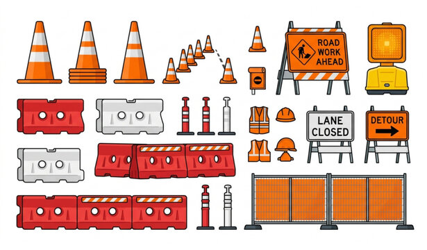 Traffic cone and plastic barrier road construction safety equipment set vector illustration warning system