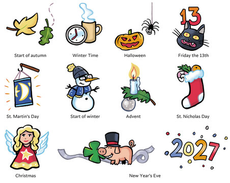 Set of Cartoon Icons for Autumn and Winter Holidays