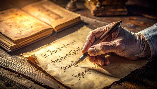 Scribe's gloved hand tracing ancient Coptic script on aged parchment with old books nearby