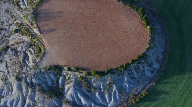 Aerial view from a drone of the agricultural landscape around the village of Bini&eacute;s in the La Jacetania region. Pyrenees. Huesca. Aragon. Spain. Europe.