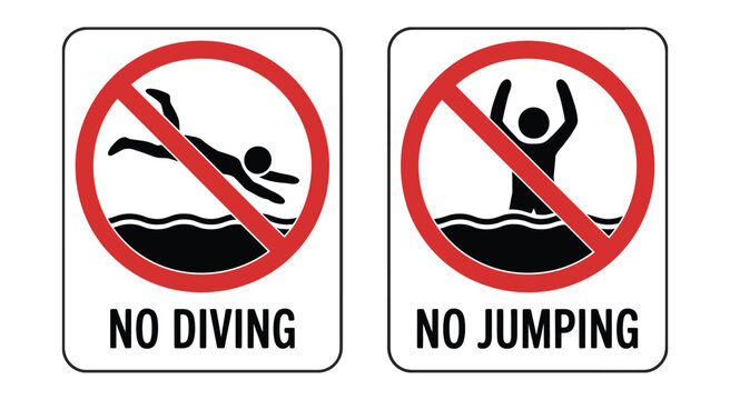 Pool safety prohibition vector icons featuring no diving and no jumping warning signs for hazard prevention.