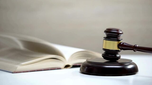 Wooden Judge Gavel Striking Sound Block Next to Open Law Book