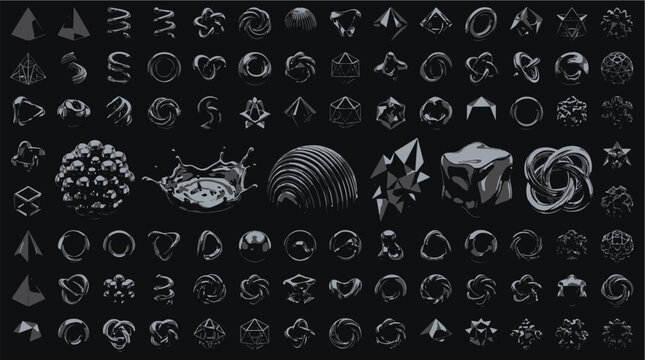 Massive collection of futuristic chrome 3D abstract shapes and geometric Y2K liquid metal elements for modern graphic design vector illustration