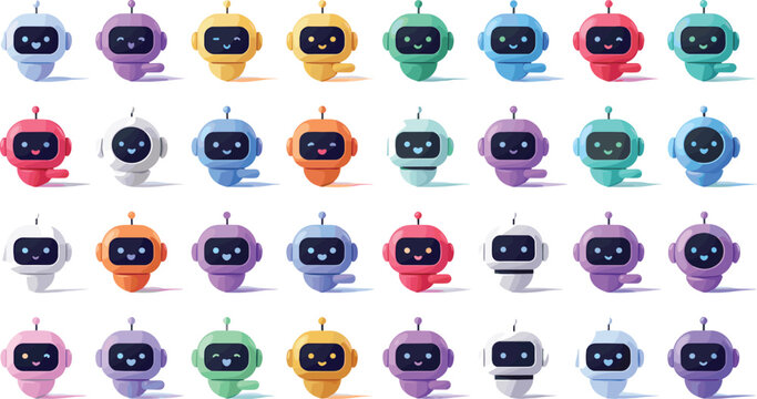 Modern AI chatbot mascot vector collection with cute 3D robot assistant icons isolated on white background