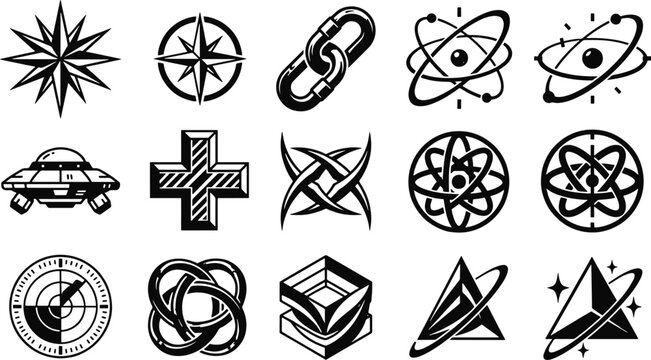 Vector icon set featuring sci-fi brutalist and Y2K retro futuristic elements isolated on a white background vector illustration