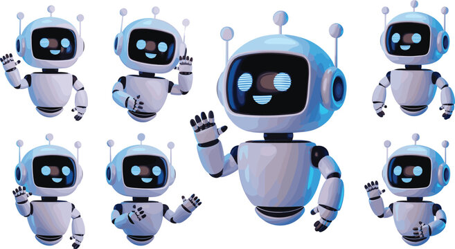 Cute 3D AI robot chatbot vector set with futuristic virtual assistant mascots isolated on white background