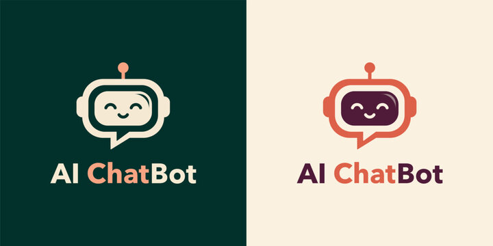 Modern AI chatbot logo set with friendly robot chat bubble icon, bold typography and color variations for tech branding, apps and customer support.