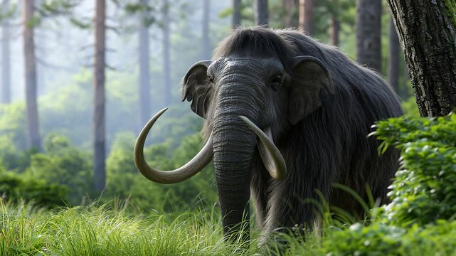Mastodon in Green Forest Habitat Showing Natural Behavior and Interaction