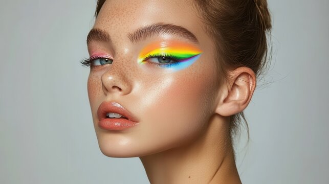 Striking portrait of a woman showcasing vibrant rainbow eye makeup, highlighting beauty and creative expression. Colorful cosmetic artistry.