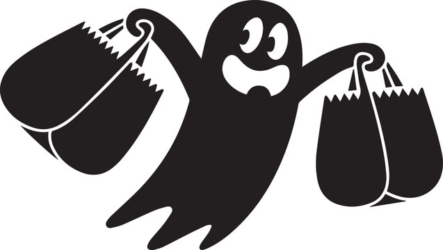 A cheerful black ghost holding two halloween trickortreat bags isolated on white background