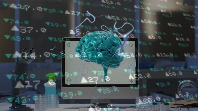 Data overlay activating, monitor teal 3D brain rotating and tendrils pulsing, visualizing live data