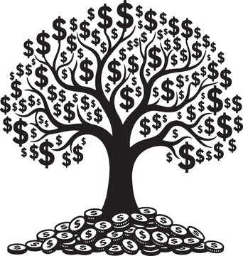 Money tree silhouette with dollar signs and coins representing sustainable long-term investment growth, compound interest, and financial prosperity for retirement planning and wealth management