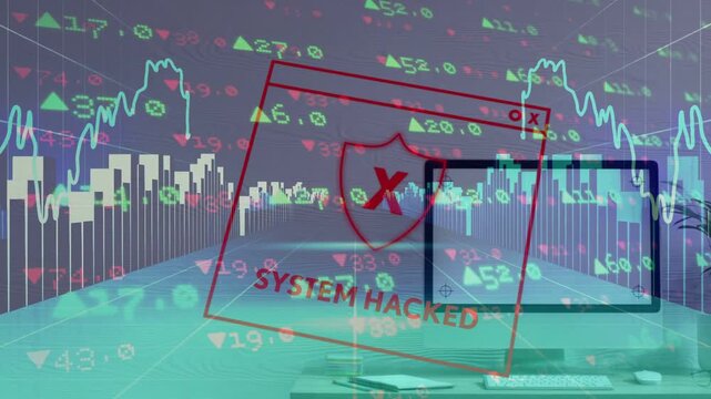 Faint red sketch appearing, hacked window wobbling, overlaying market charts, showing SYSTEM HACKED